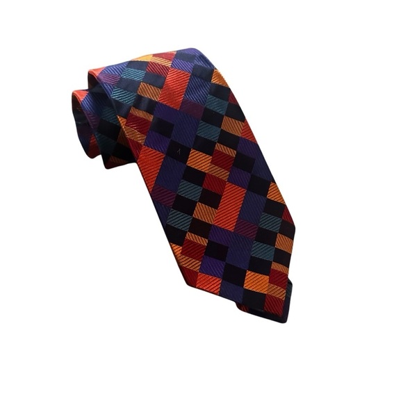 Duchamp London Tie Multicolor Checkered Silk Texture Orange & Purple 58” x 3.75” - Picture 1 of 9